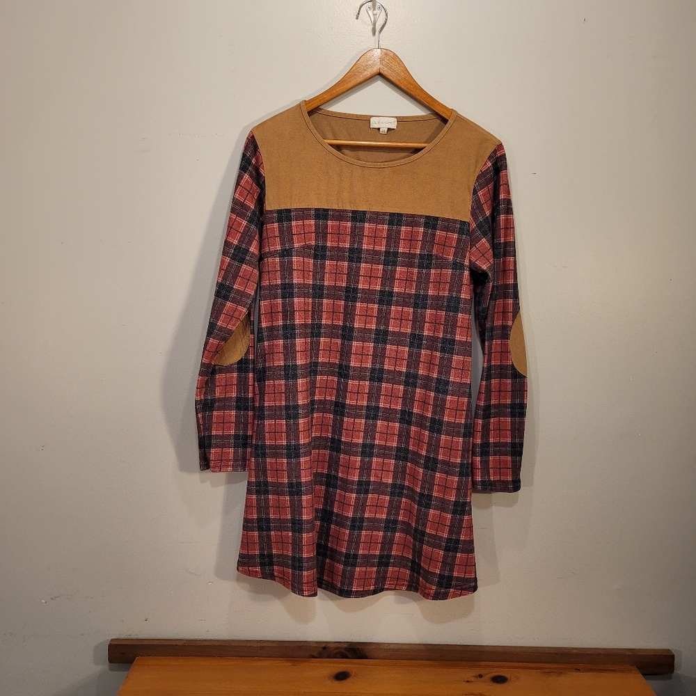 Simply Southern Red Plaid Mini Dress with Mustard Yoke